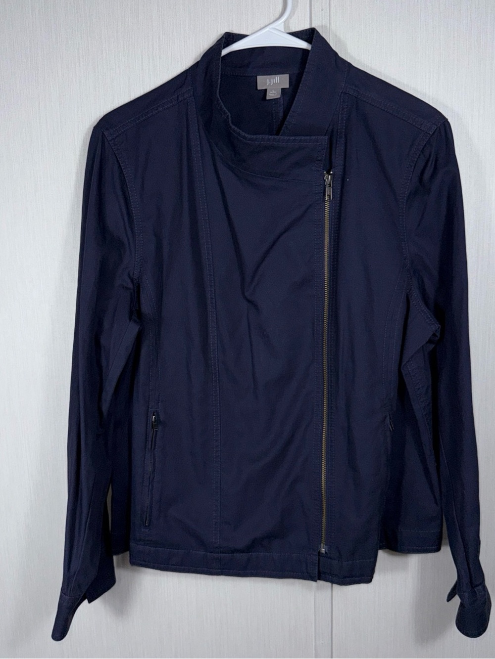 J Jill Womens LP Moto Jacket Linen Blend Asym Zip Lightweight Blue Gray Petite